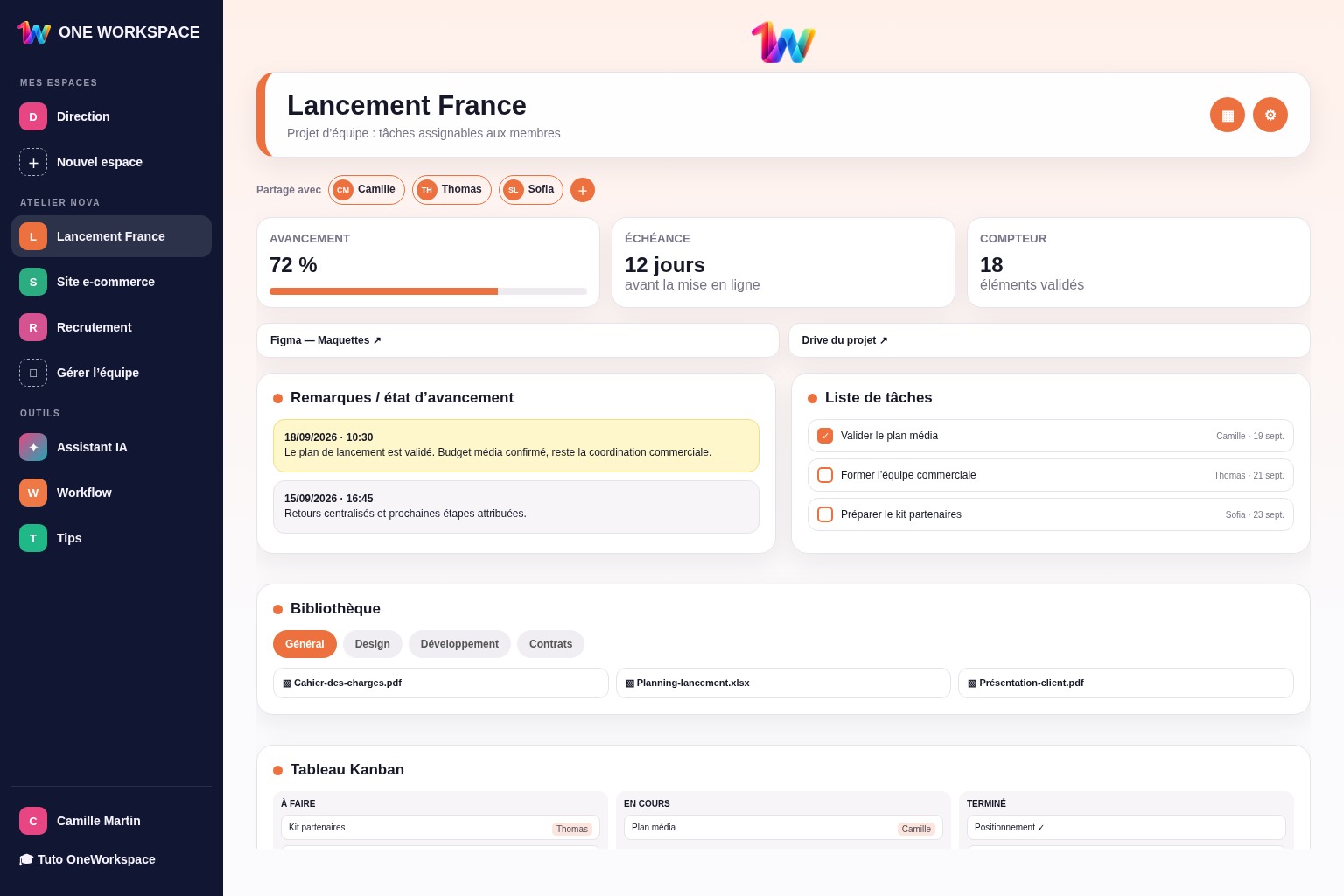 Aperçu fidèle d'un workspace Business avec plusieurs espaces et un projet d'équipe rempli