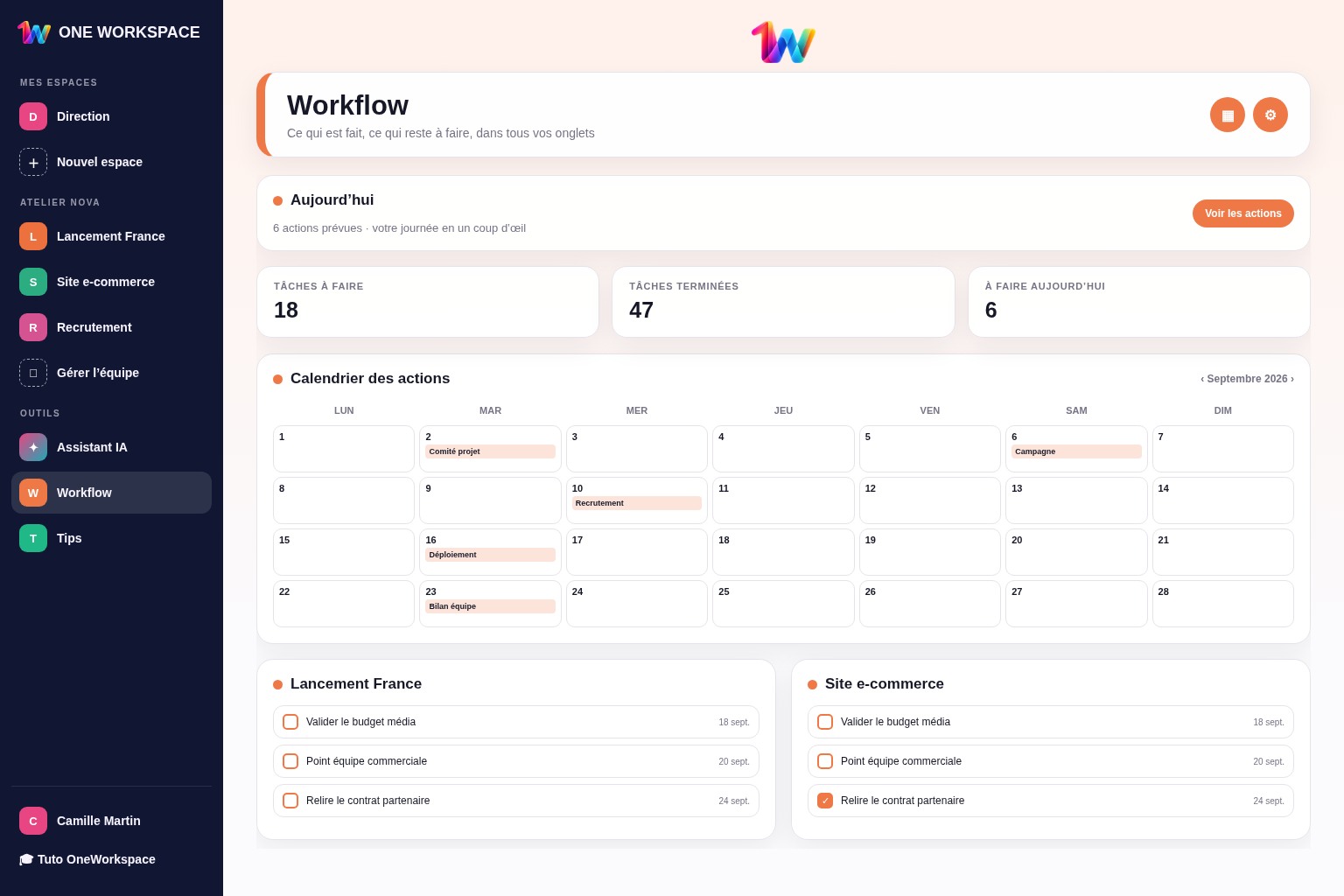 Aperçu fidèle du Workflow Business avec calendrier, tâches et espaces d'équipe