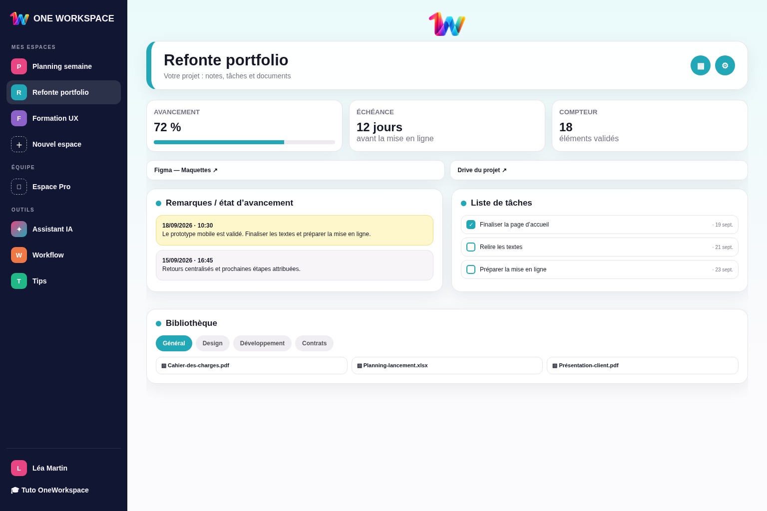 Aperçu fidèle d'un workspace Lite avec plusieurs espaces et un projet personnel rempli