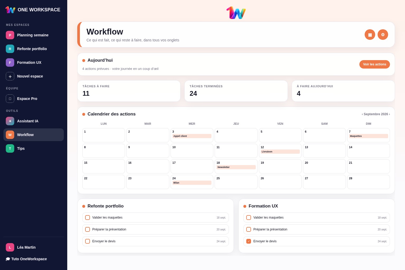 Aperçu fidèle du Workflow Lite avec calendrier et tâches personnelles
